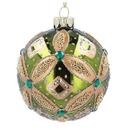 INDENT - Pack 12, Glass Ball Antique Shiny Lime, Gold Bead Flower 8cm